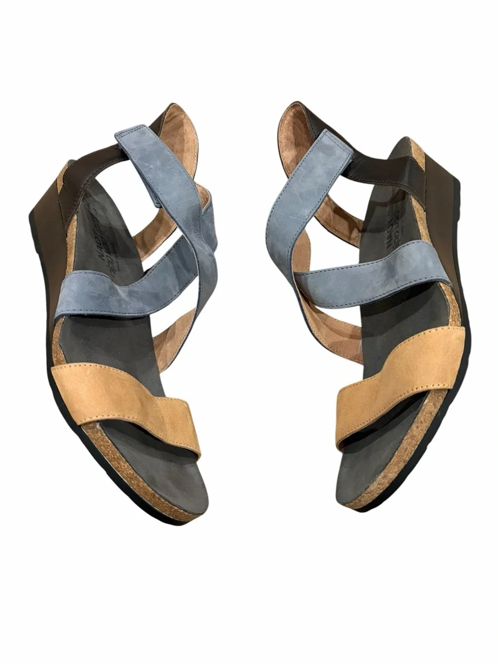 Naot Vixen Suede Leather Low Wedge Sandals Nude Feather Blue ab size 40 US9-9.5